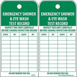 National Marker Lock Out Tags Accident Prevention Tags; Emergency Shower And Eye Wash Test Record, 6X3, Unrip Vinyl, 25/Pk