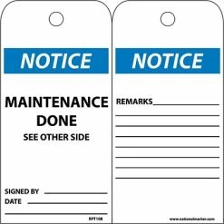 National Marker Lock Out Tags Accident Prevention Tags; Notice Maintenance Done, 6X3, Unrip Vinyl, 25/Pk