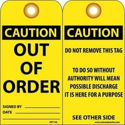 National Marker Lock Out Tags Accident Prevention Tags; Out Of Order, 6X3, .015 Mil Unrip Vinyl, 25 Pk W/ Grommet