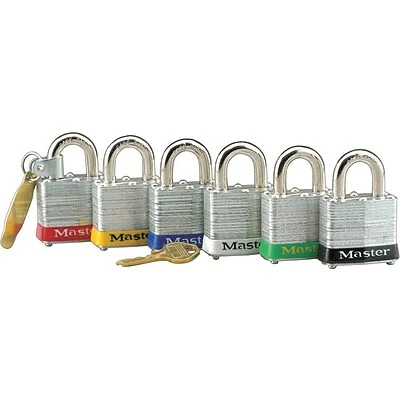 Master Lock® Safety Tumbler Padlock, 4 Pin, Laminated Steel, Red, 6/Box 1 Master Lock® Safety Tumbler Padlock, 4 Pin, Laminated Steel, Red, 6/Box