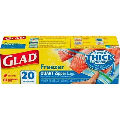 Storage Bags Glad® Zipper Freezer Bags, Quart, 20 Bags/Box (57035) 1 Storage Bags Glad® Zipper Freezer Bags, Quart, 20 Bags/Box (57035)