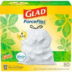 Glad® ForceFlex Tall Kitchen Drawstring Trash Bags, 13 Gallon, Gain Original Scent, White, 80 Count (32483)