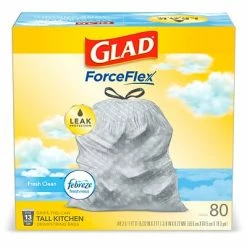 Glad® ForceFlex Tall Kitchen Drawstring Trash Bags, 13 Gallon, Fresh Clean Scent With Febreze Freshness, 80 Count (78899)