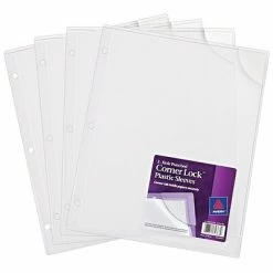 Binder Accessories Avery Corner Lock, 3-Hole Punched Plastic Sleeves, Heavyweight, 8-1/2” X 11”, Clear, 4/Pack (72269)