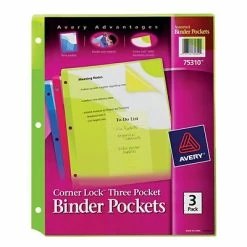 Binder Accessories Avery Corner Lock Three Pocket Binder Pocket, 11-1/4" X 9-1/4", Assorted Color, 3/Pk