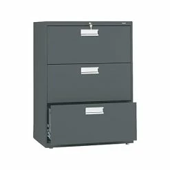 Lateral Files HON Brigade 600 Series 3-Drawer Lateral File Cabinet, Locking, Letter/Legal, Charcoal, 30"W (H673.L.S)