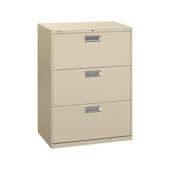 Lateral Files HON Brigade 600 Series 3-Drawer Lateral File Cabinet, Locking, Letter/Legal, Putty/Beige, 30"W (H673.L.L)